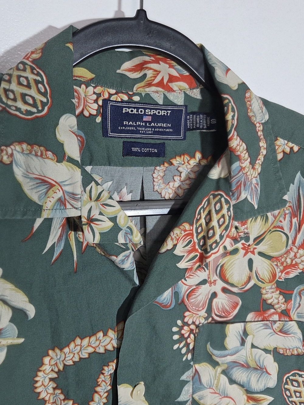Vintage POLO SPORT Aloha Shirt Cotton Green Floral Men's Size Small Button Up